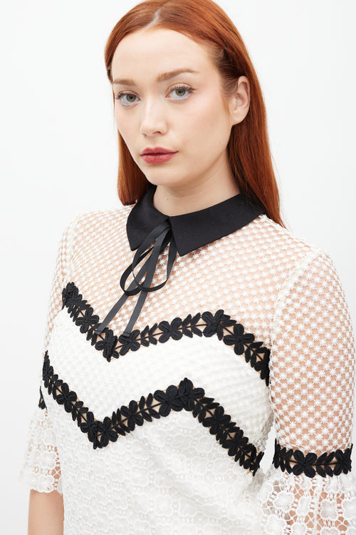 Self-Portrait White & Black Floral Lace Petal Dress