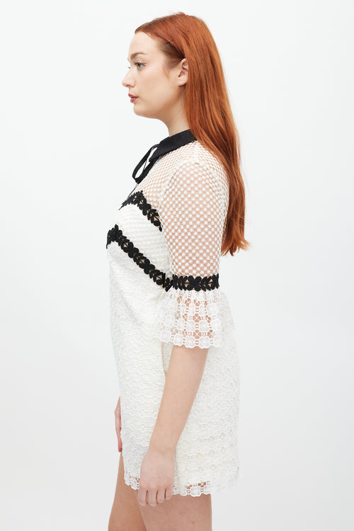 Self-Portrait White & Black Floral Lace Petal Dress
