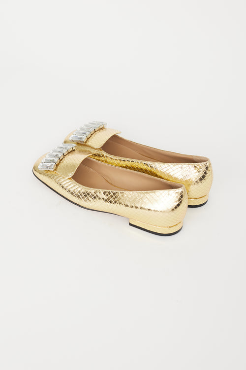 Sergio Rossi Gold Embossed Leather Embellished Flat
