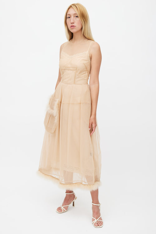 Simone Rocha Beige Tulle & Feather Sheer Dress