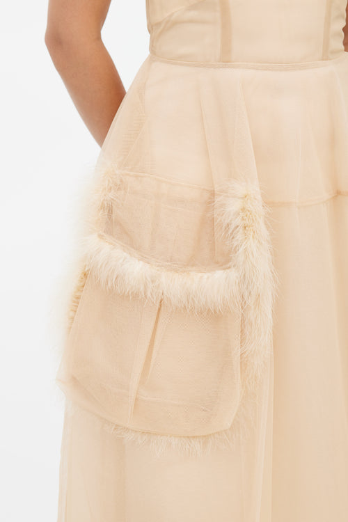 Simone Rocha Beige Tulle & Feather Sheer Dress