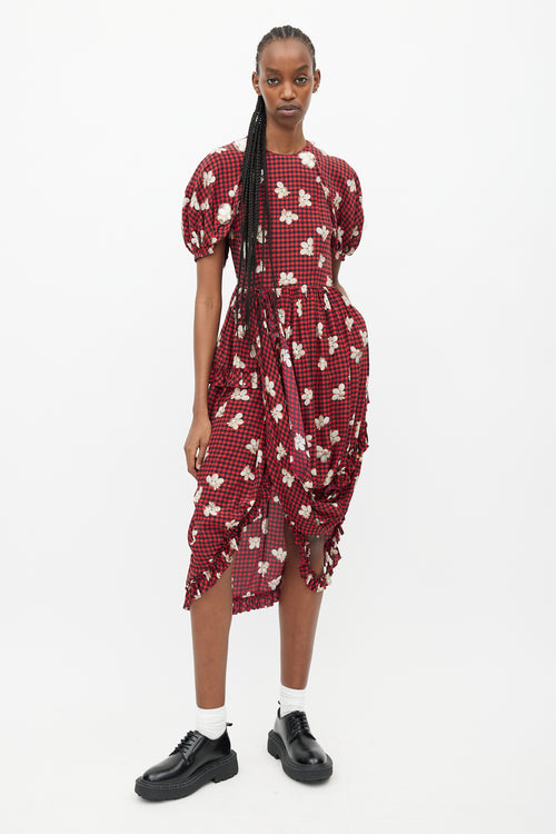 Simone Rocha Spring 2017 Red & Black Gingham & Floral Embellished Dress