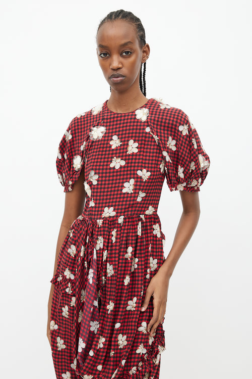 Simone Rocha Spring 2017 Red & Black Gingham & Floral Embellished Dress