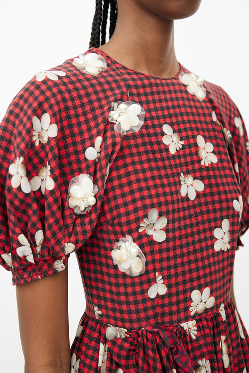 Simone Rocha Spring 2017 Red & Black Gingham & Floral Embellished Dress