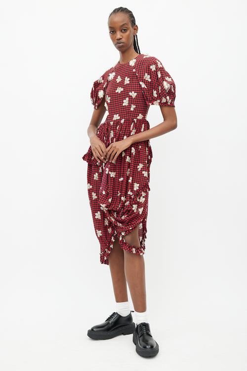 Simone Rocha Spring 2017 Red & Black Gingham & Floral Embellished Dress