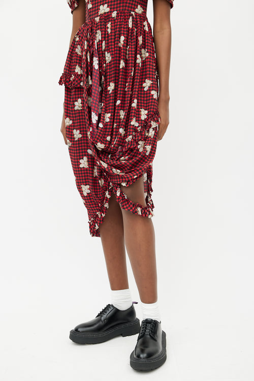 Simone Rocha Spring 2017 Red & Black Gingham & Floral Embellished Dress