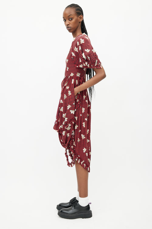 Simone Rocha Spring 2017 Red & Black Gingham & Floral Embellished Dress