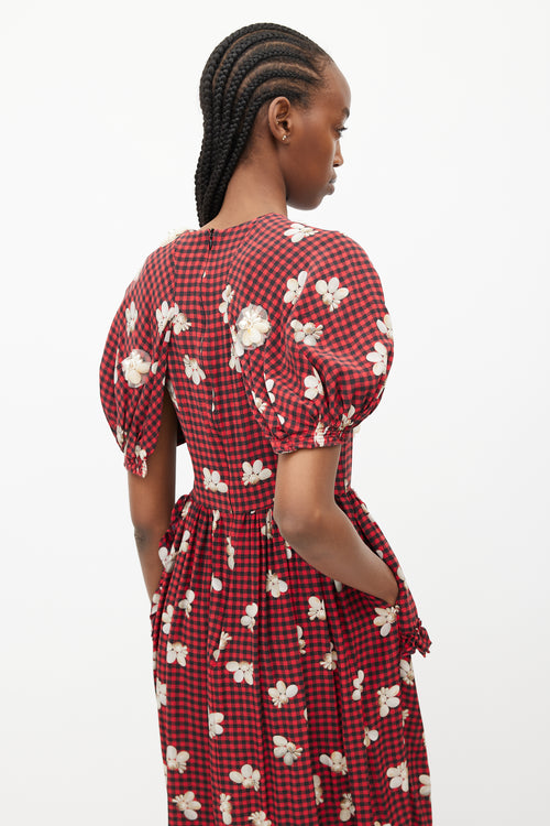 Simone Rocha Spring 2017 Red & Black Gingham & Floral Embellished Dress