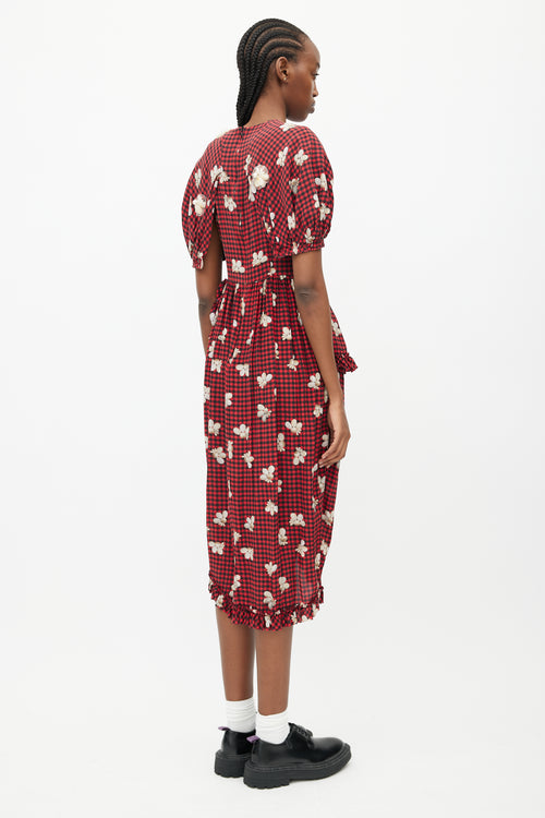 Simone Rocha Spring 2017 Red & Black Gingham & Floral Embellished Dress