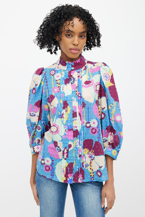 Smythe Blue & Multicolour Floral Pleated Top