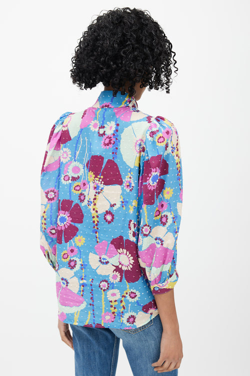 Smythe Blue & Multicolour Floral Pleated Top