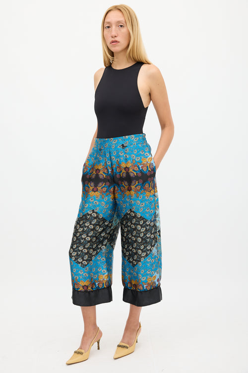 Smythe Blue & Multicolour Ornate Wide Cropped Trouser