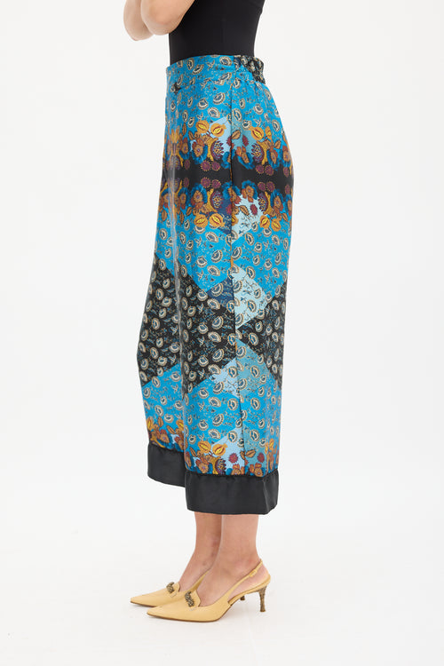 Smythe Blue & Multicolour Ornate Wide Cropped Trouser