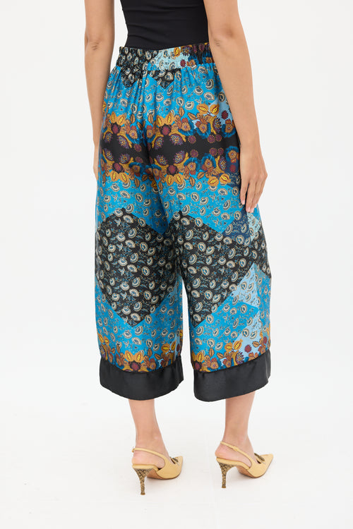 Smythe Blue & Multicolour Ornate Wide Cropped Trouser
