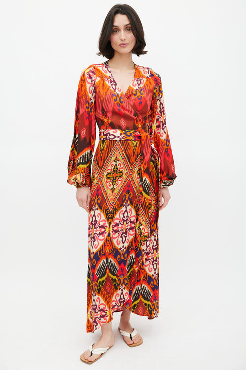 Smythe Red & Multi Ikat Printed Hostess Wrap Dress