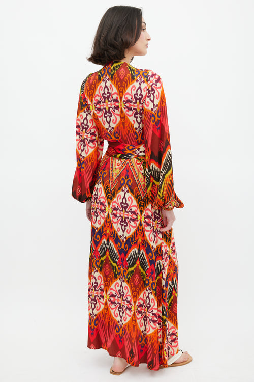 Smythe Red & Multi Ikat Printed Hostess Wrap Dress