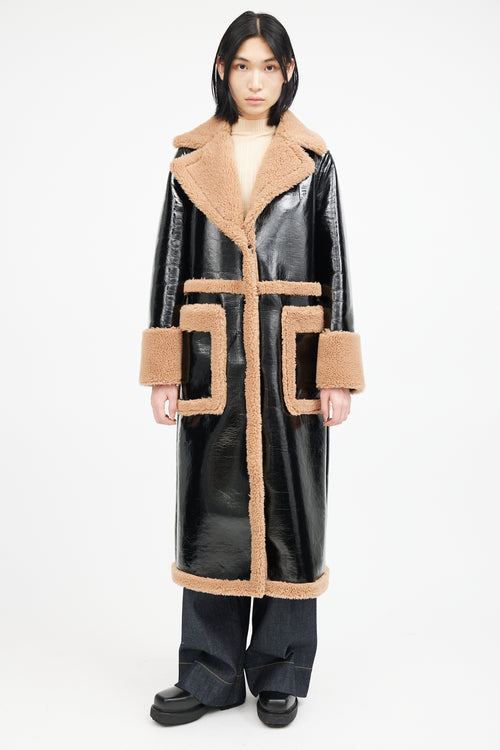 Stand Studio Black & Brown Patent Shearling Coat