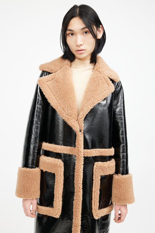Stand Studio Black & Brown Patent Shearling Coat