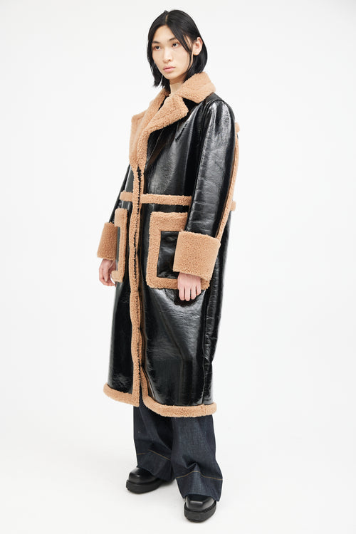 Stand Studio Black & Brown Patent Shearling Coat