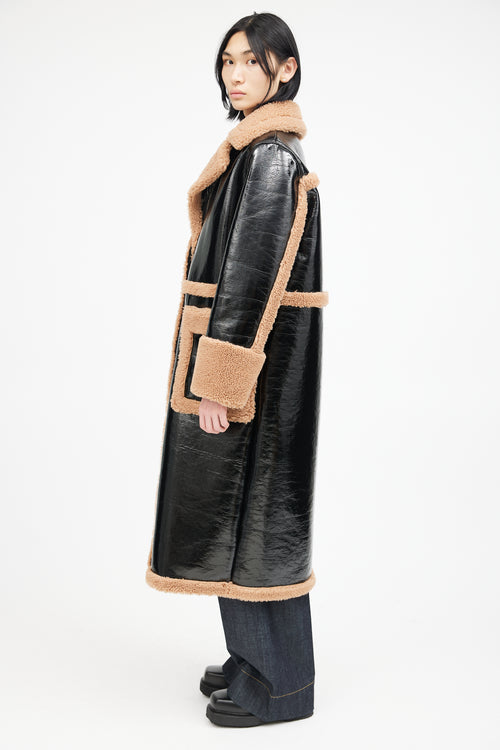 Stand Studio Black & Brown Patent Shearling Coat