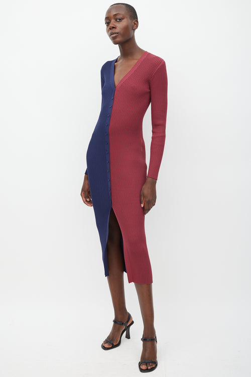 Staud Navy & Burgundy Ribbed Panelled Dress