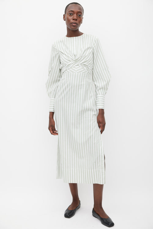 Staud White & Green Striped Back Cutout Dress
