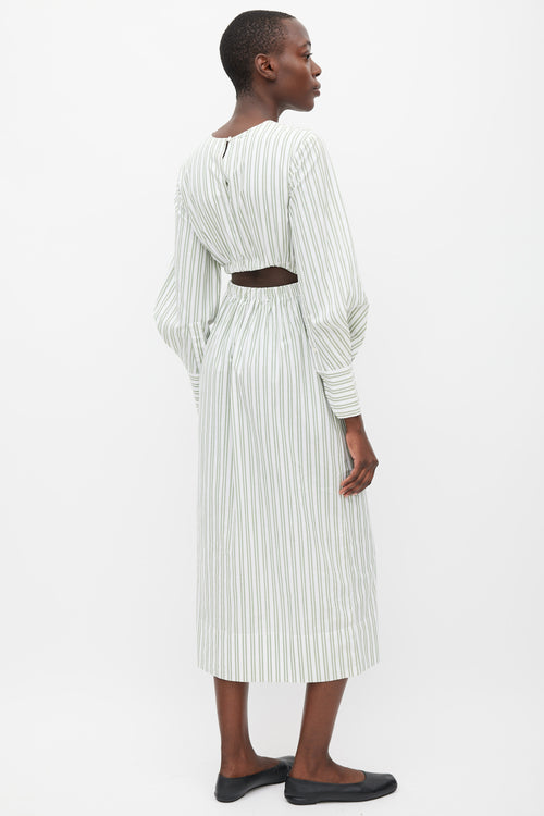 Staud White & Green Striped Back Cutout Dress