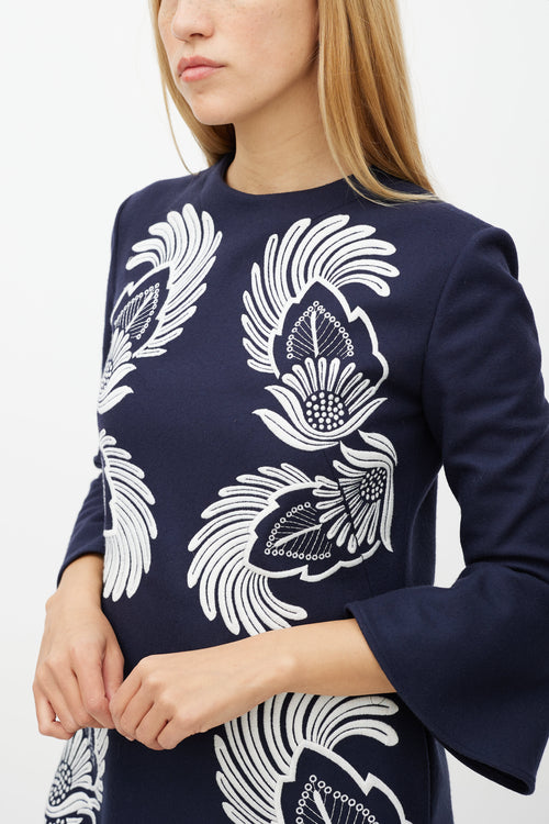 Stella McCartney Navy & White Wool Floral Embroidered Dress