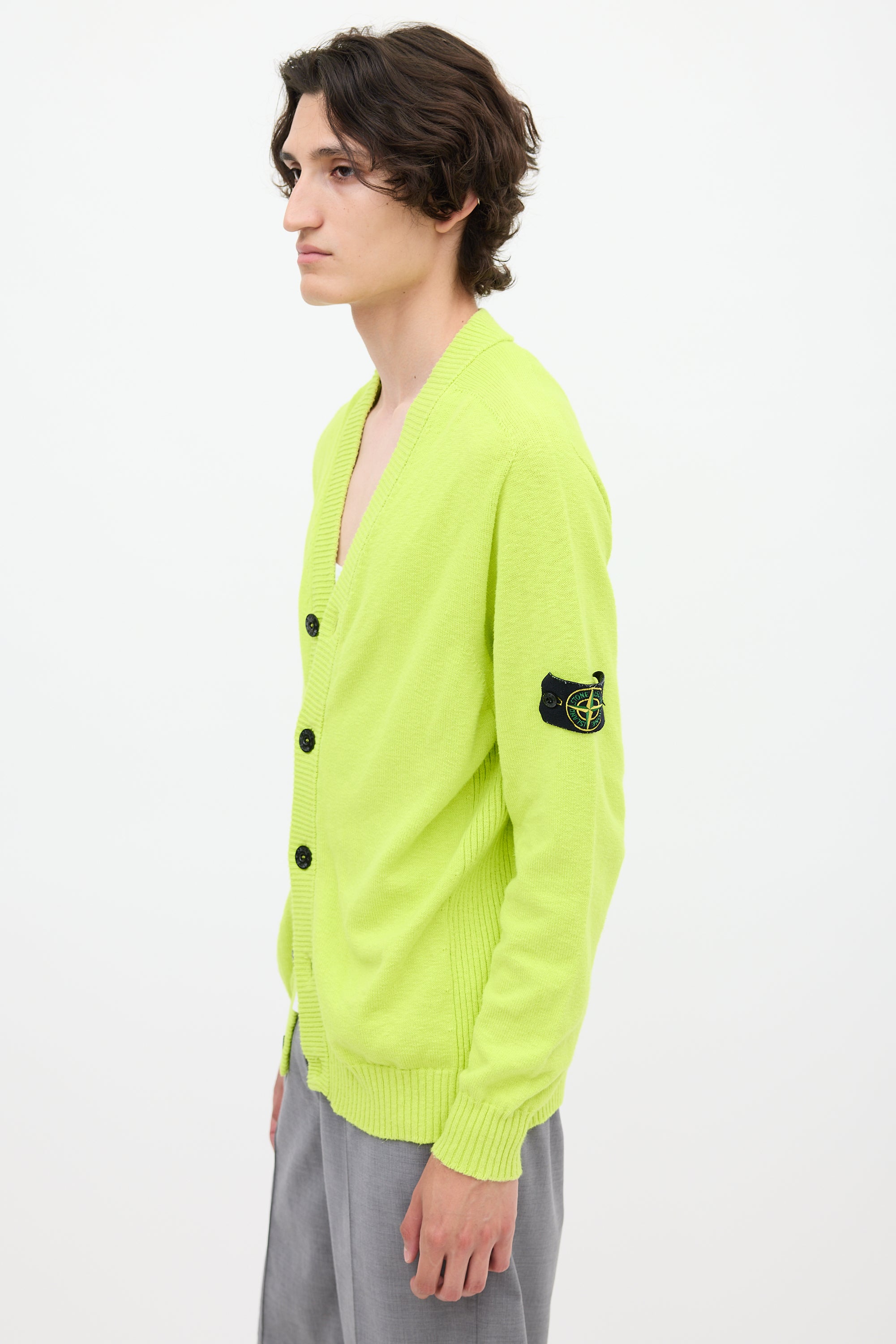 Stone Island Neon Green Ribbed Panel Cardigan