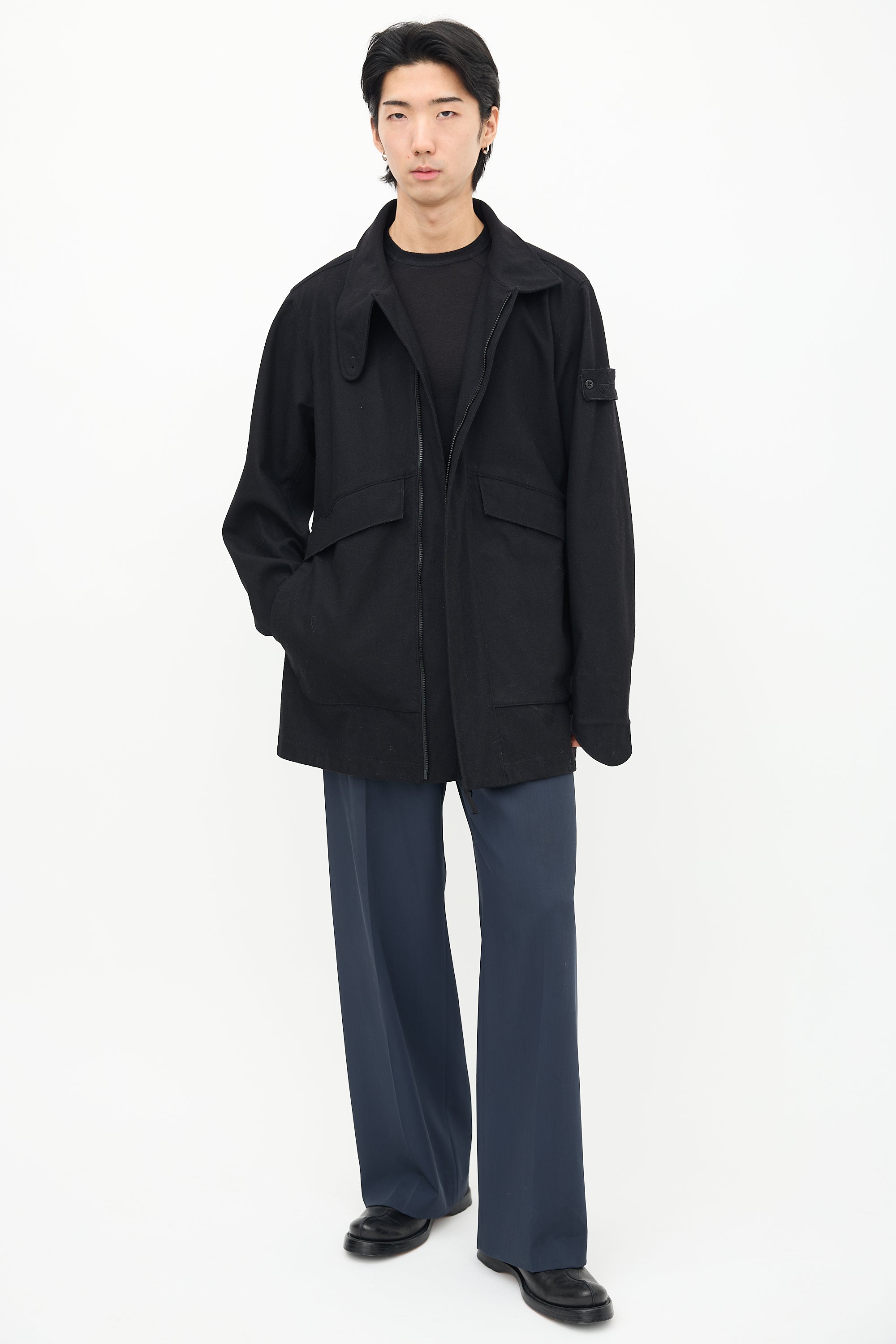 Stone Island Black Wool Stand Collar Coat