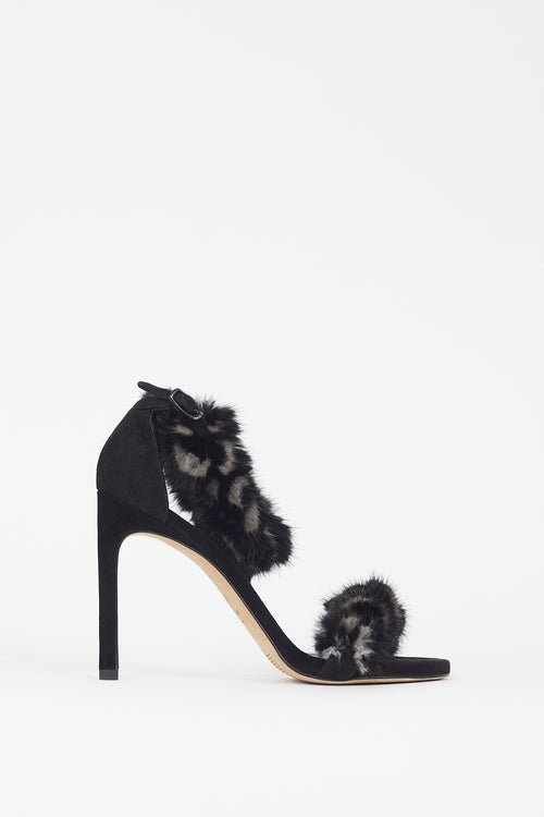 Stuart Weitzman Black & Grey Fur Strap Heel