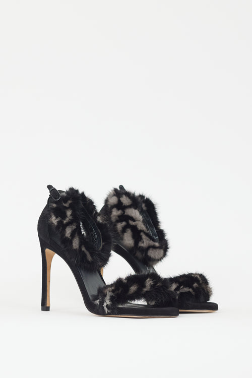 Stuart Weitzman Black & Grey Fur Strap Heel