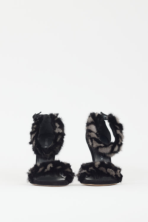 Stuart Weitzman Black & Grey Fur Strap Heel