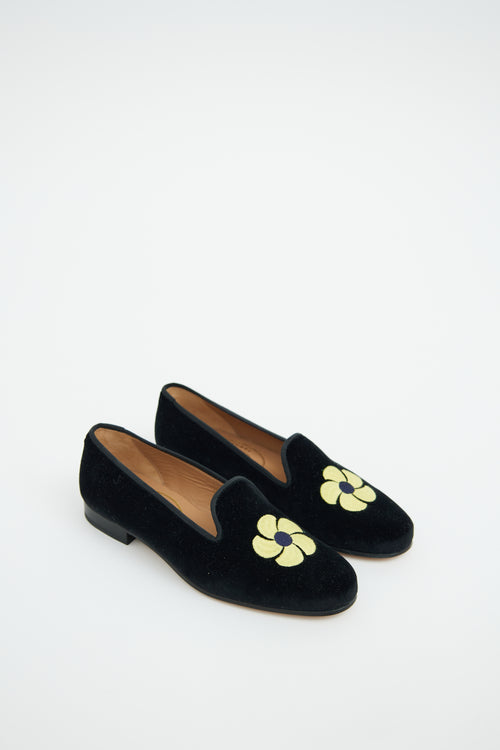 Stubbs Wootton Black & Yellow Velour Embroidered Loafer