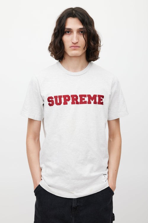 Supreme Grey & Red Emrboidered Logo T-Shirt