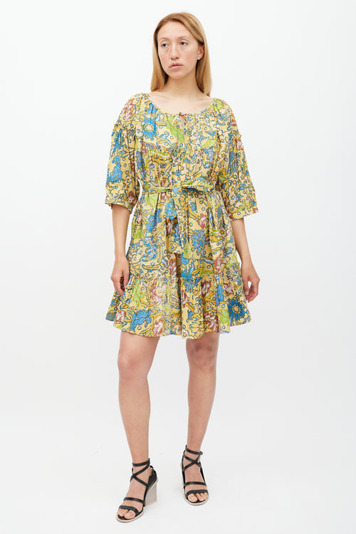 Suzie Kondi Yellow & Multicolour Floral Gathered Tier Dress