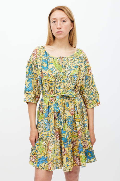 Suzie Kondi Yellow & Multicolour Floral Gathered Tier Dress