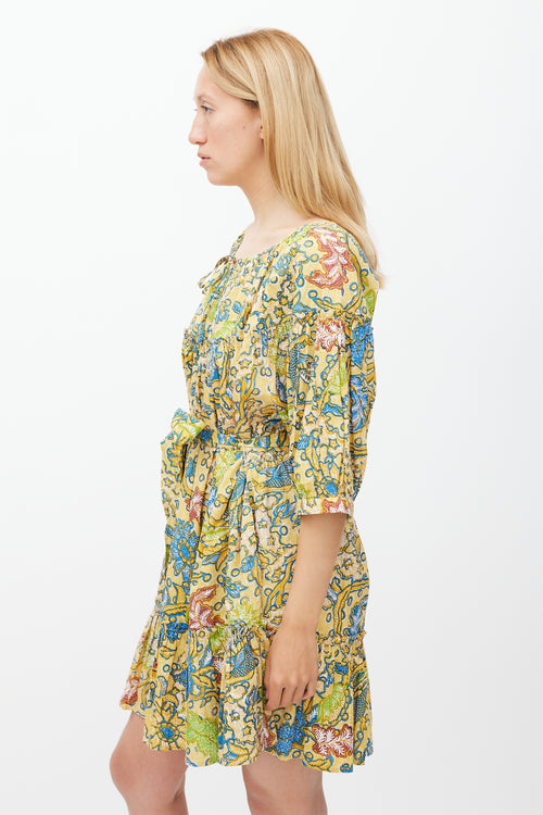 Suzie Kondi Yellow & Multicolour Floral Gathered Tier Dress