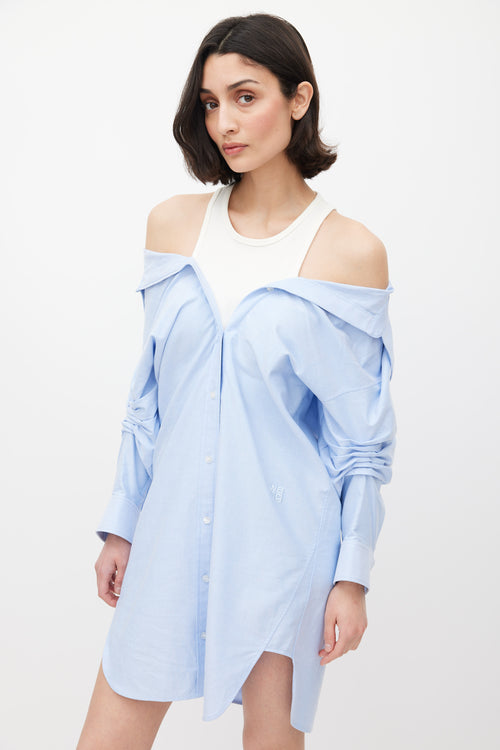 T by Alexander Wang Blue & White Off Shoulder Layered Shirt Dress