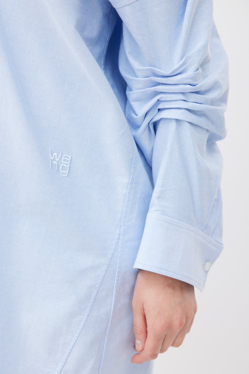T by Alexander Wang Blue & White Off Shoulder Layered Shirt Dress