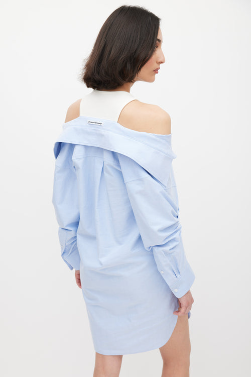T by Alexander Wang Blue & White Off Shoulder Layered Shirt Dress