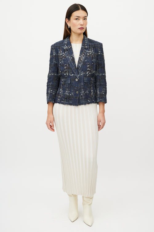 Chanel Blue & White Textured Silk Blend Blazer