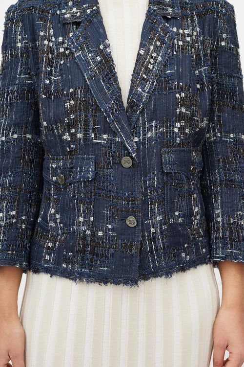 Chanel Blue & White Textured Silk Blend Blazer