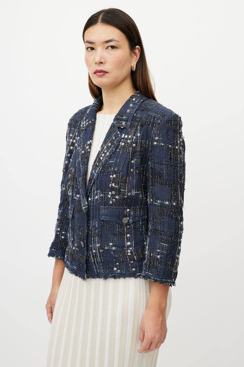 Chanel Blue & White Textured Silk Blend Blazer