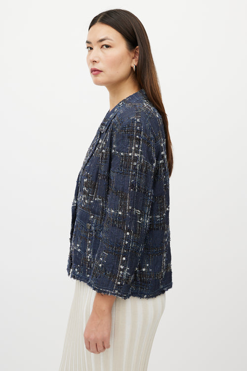 Chanel Blue & White Textured Silk Blend Blazer