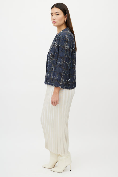Chanel Blue & White Textured Silk Blend Blazer