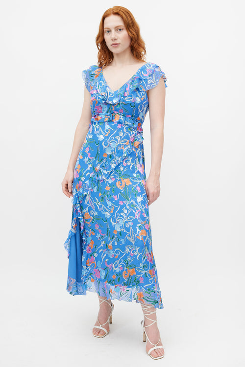 Tanya Taylor Blue & Multicolour Ruffled Silk Dress