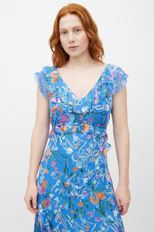 Tanya Taylor Blue & Multicolour Ruffled Silk Dress