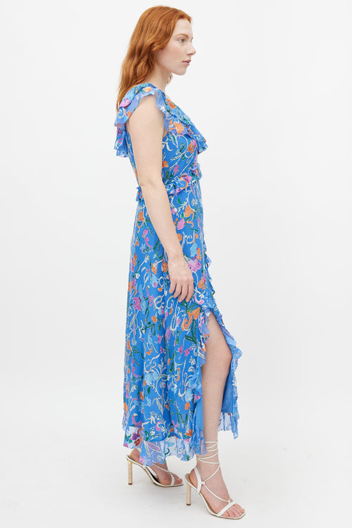 Tanya Taylor Blue & Multicolour Ruffled Silk Dress