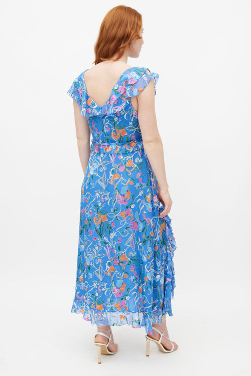 Tanya Taylor Blue & Multicolour Ruffled Silk Dress